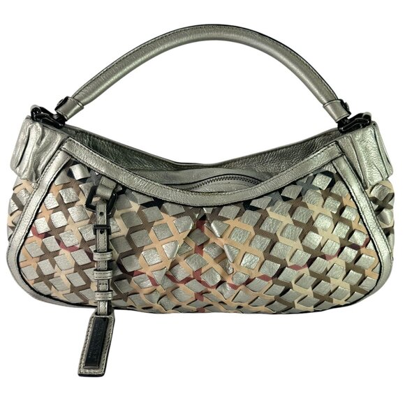 BURBERRY Silver Woven Leather and Nova Check Canvas Shoulder Bag Made in Italy - Picture 1 of 13